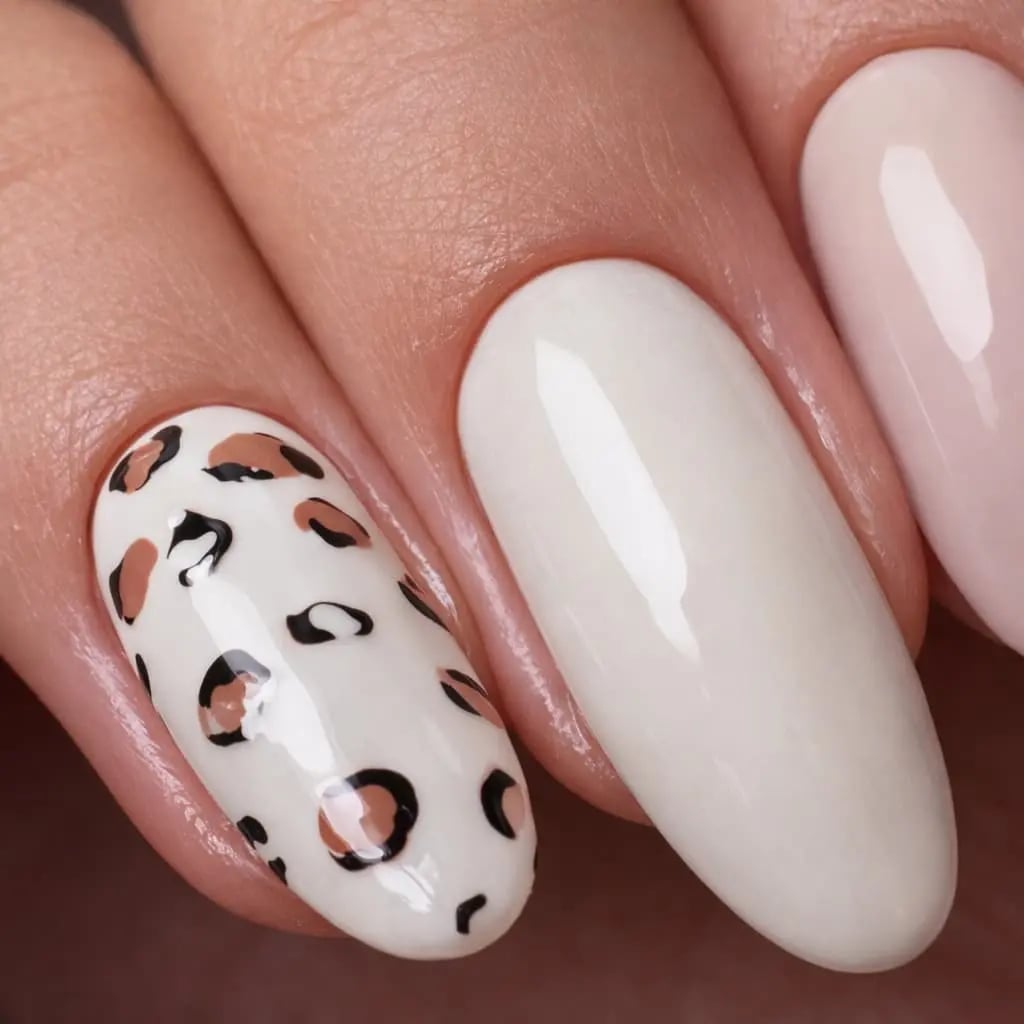Milky White Leopard Print Medium Oval Nails Milky White Leopard Print Medium Oval Nails — Russian Manicure Designs