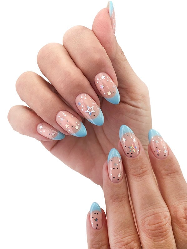 Sheer Nude Light Blue French Star Confetti Medium Almond Nails Sheer Nude Light Blue French Star Confetti Medium Almond Nails — Russian Manicure Designs