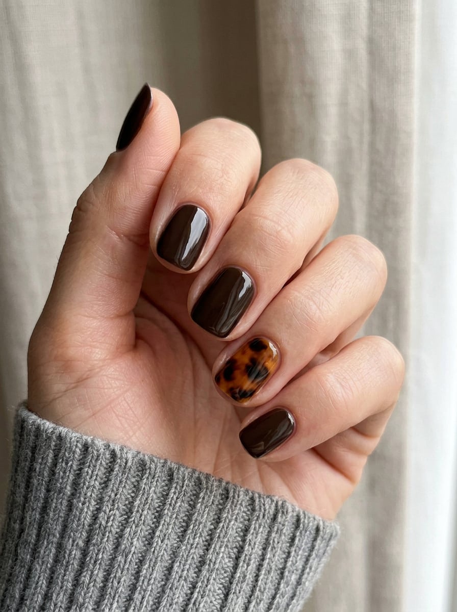 Dark Brown Tortoiseshell Accent Short Square Nails Dark Brown Tortoiseshell Accent Short Square Nails — Short Nails Color Designs