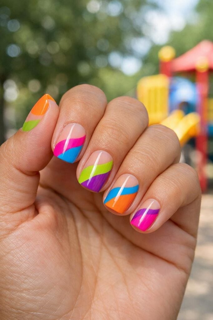 Neon Stripe Diagonal Short Oval Nails Neon Stripe Diagonal Short Oval Nails — Short Nails Color Designs