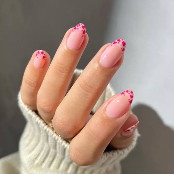 Nude Base Pink Heart French Tip Short Almond Nails Nude Base Pink Heart French Tip Short Almond Nails — Short Nails Color Designs