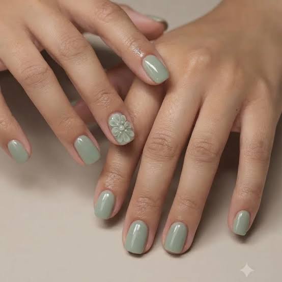 Short Square Sage Green with 3D Floral Accent Short Square Sage Green with 3D Floral Accent — Simple 3D Nails