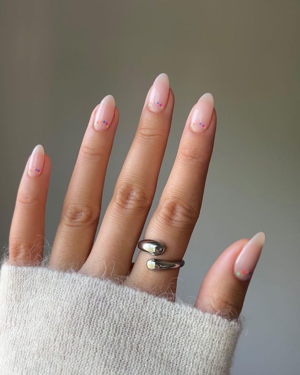 Short Almond Nude with Minimalist Pastel Dots Short Almond Nude with Minimalist Pastel Dots — Simple 3D Nails