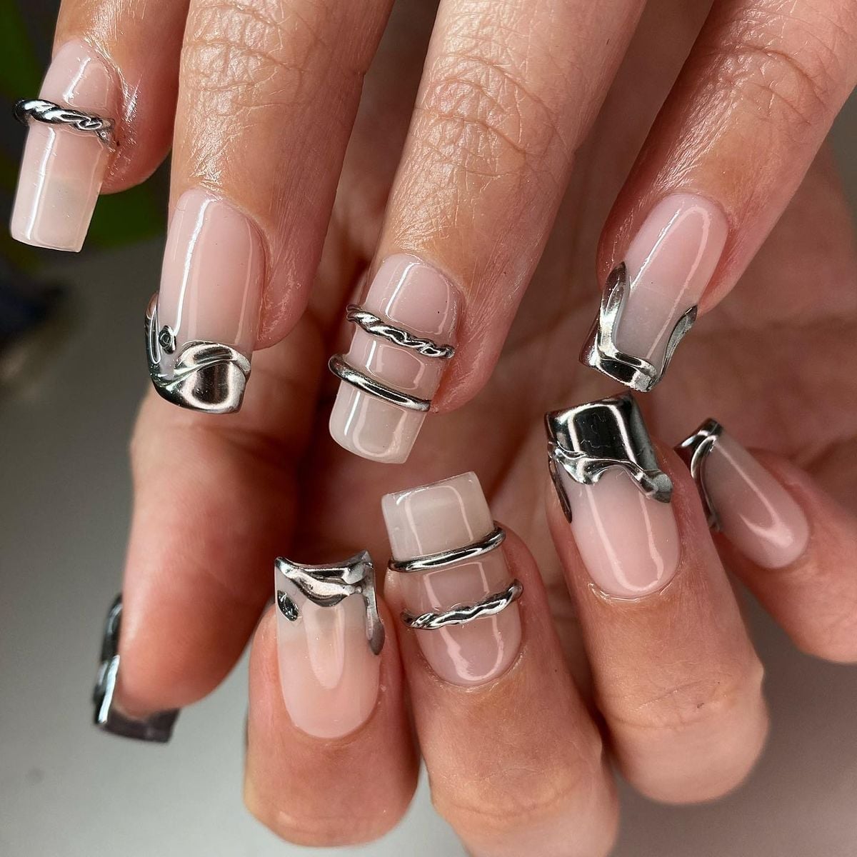 Long Square Nude with Intricate 3D Silver Metal Accents Long Square Nude with Intricate 3D Silver Metal Accents — Simple 3D Nails