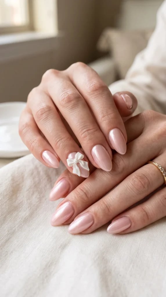 Pale Pink Shimmer with 3D White Bow Accent Pale Pink Shimmer with 3D White Bow Accent — Simple 3D Nails