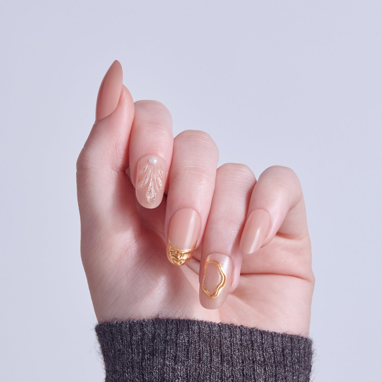 Sheer Nude Almond with Gold Abstract and Pearl Accents Sheer Nude Almond with Gold Abstract and Pearl Accents — Simple 3D Nails