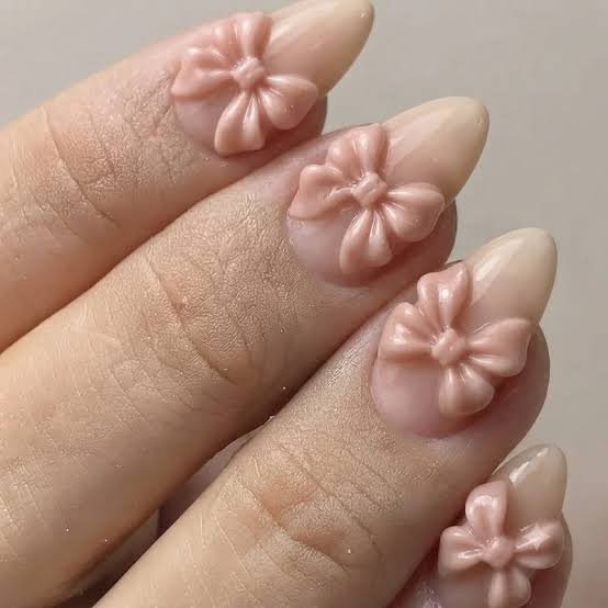 Short Almond Sheer Nude with Matte Peach Bows Short Almond Sheer Nude with Matte Peach Bows — Simple 3D Nails