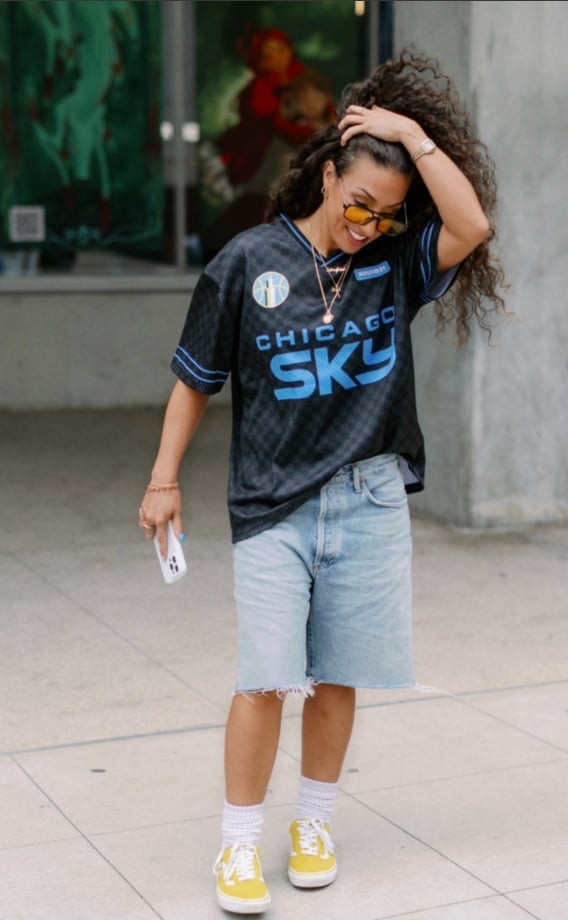 Oversized Jersey with Denim Shorts and Bright Sneakers — Simple Basketball Game Outfits