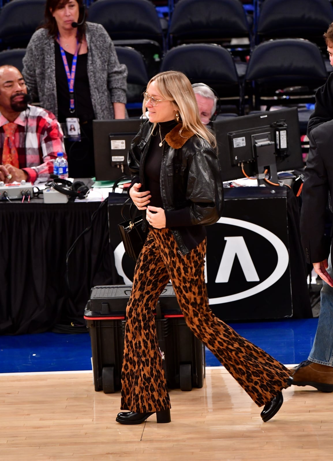 Leather Jacket with Leopard Print Flared Trousers — Simple Basketball Game Outfits