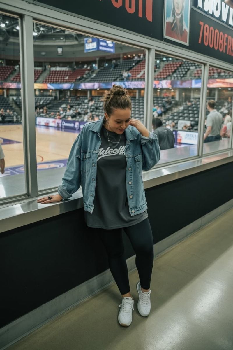 Oversized Denim Jacket Over T-Shirt with Leggings — Simple Basketball Game Outfits