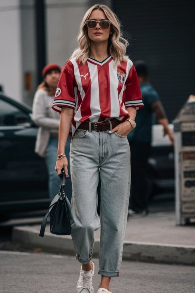 Striped Jersey Tucked into Straight-Leg Jeans — Simple Basketball Game Outfits