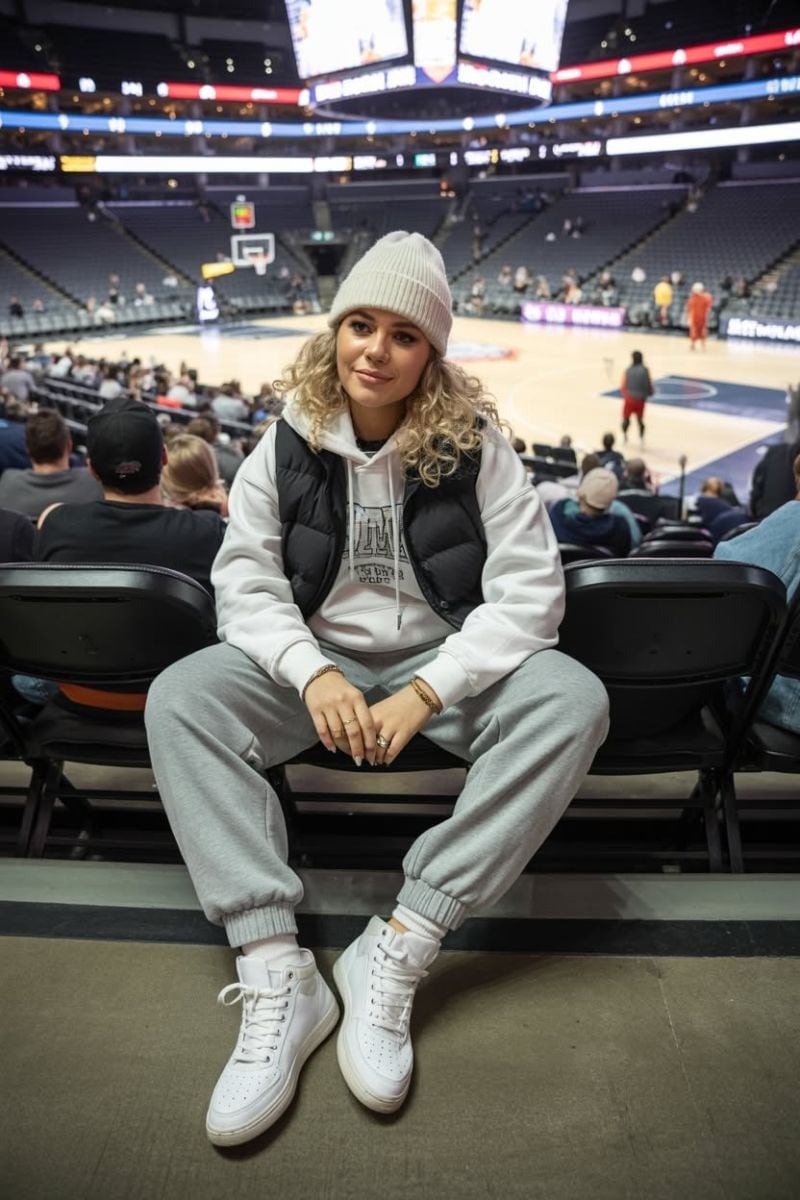 Puffer Vest Over Hoodie with Sweatpants — Simple Basketball Game Outfits
