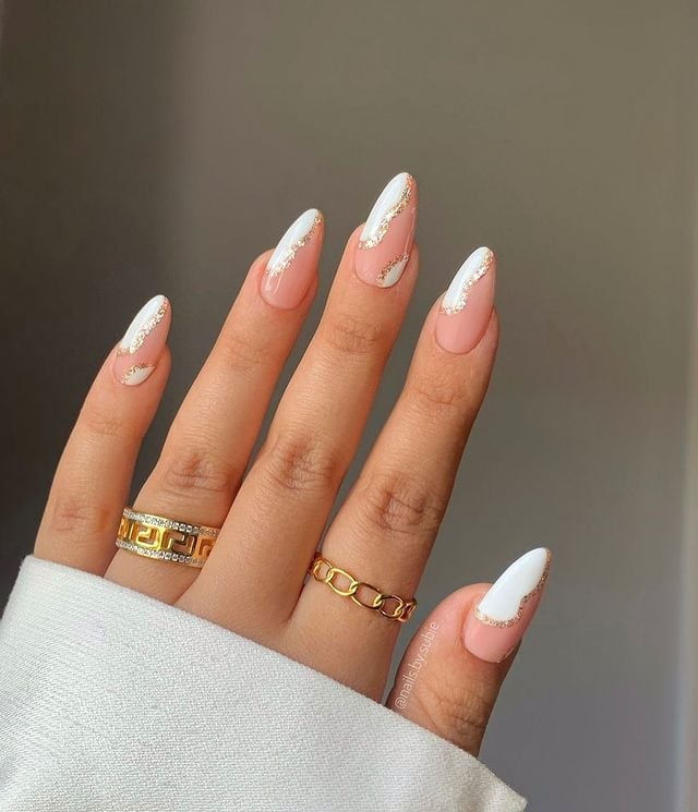 Pink Nude French Glitter Line Almond Nails Pink Nude French Glitter Line Almond Nails — Simple Birthday Nails Almond