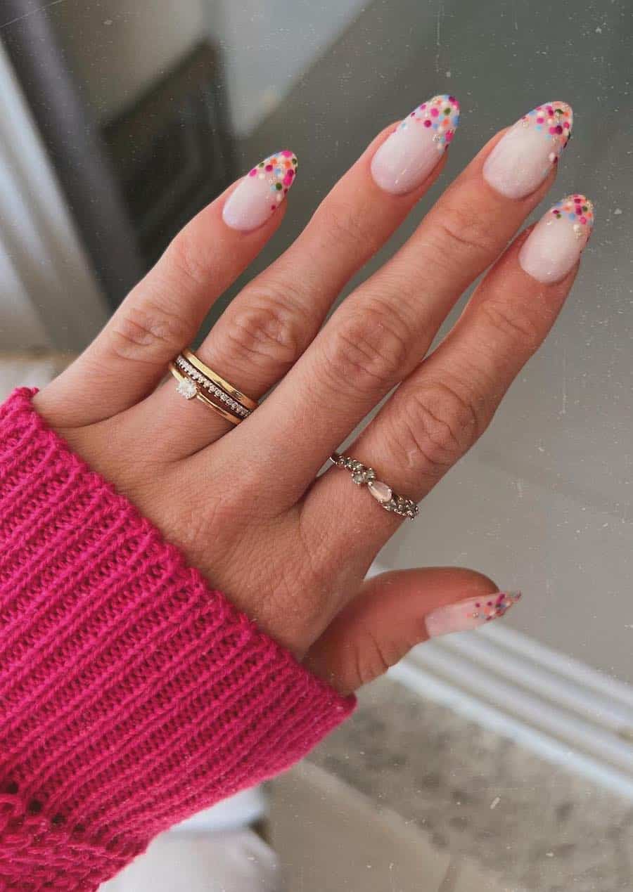 Nude Confetti Dot Tip Almond Nails Nude Confetti Dot Tip Almond Nails — Simple Birthday Nails Almond