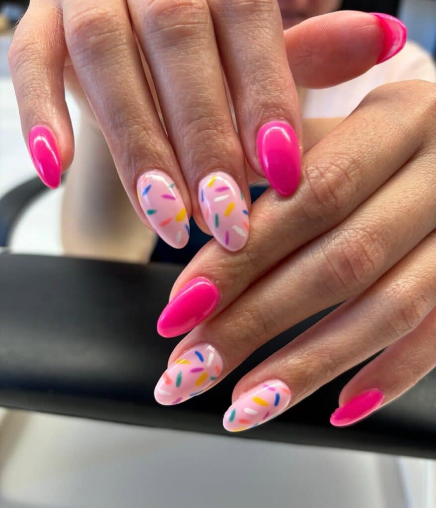 Bright Pink Sprinkle Art Short Almond Nails Bright Pink Sprinkle Art Short Almond Nails — Simple Birthday Nails Almond