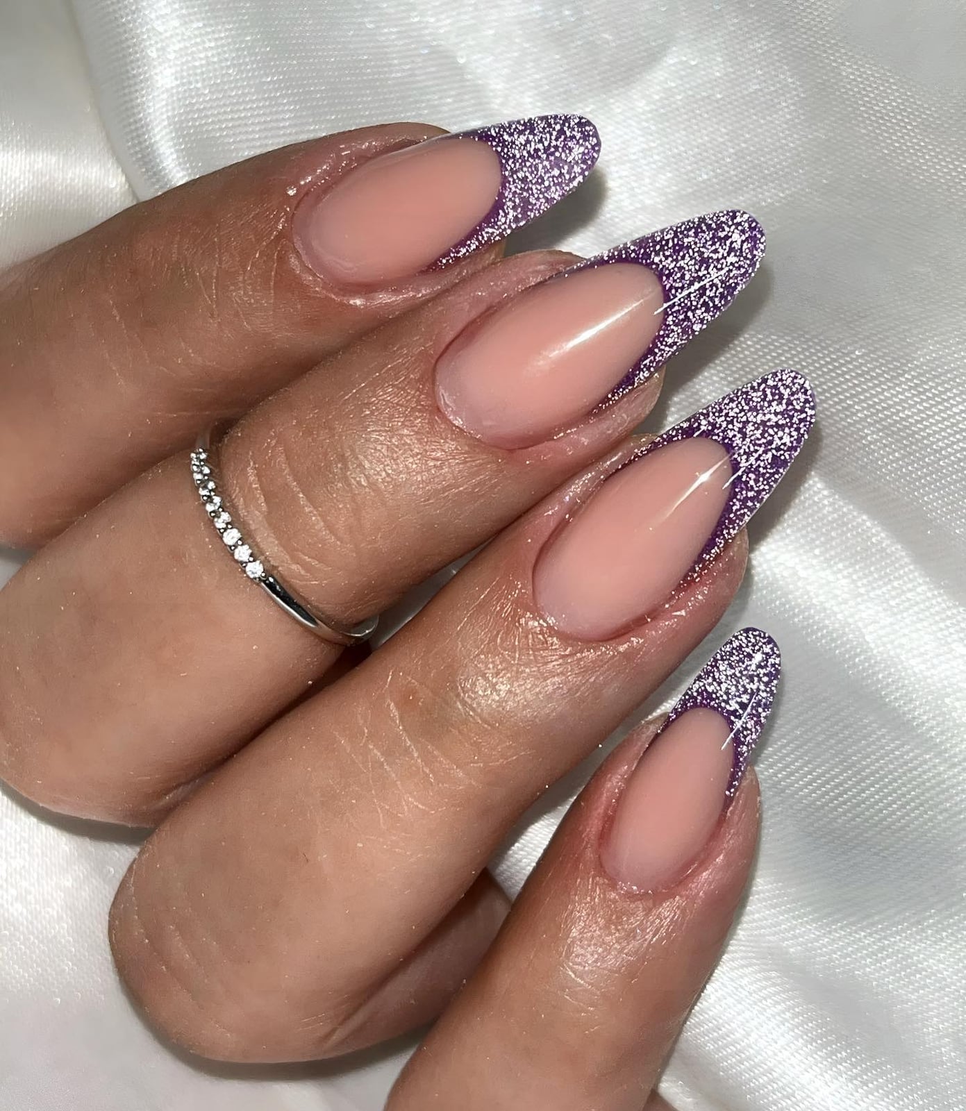 Sheer Nude Purple Glitter French Almond Nails Sheer Nude Purple Glitter French Almond Nails — Simple Birthday Nails Almond