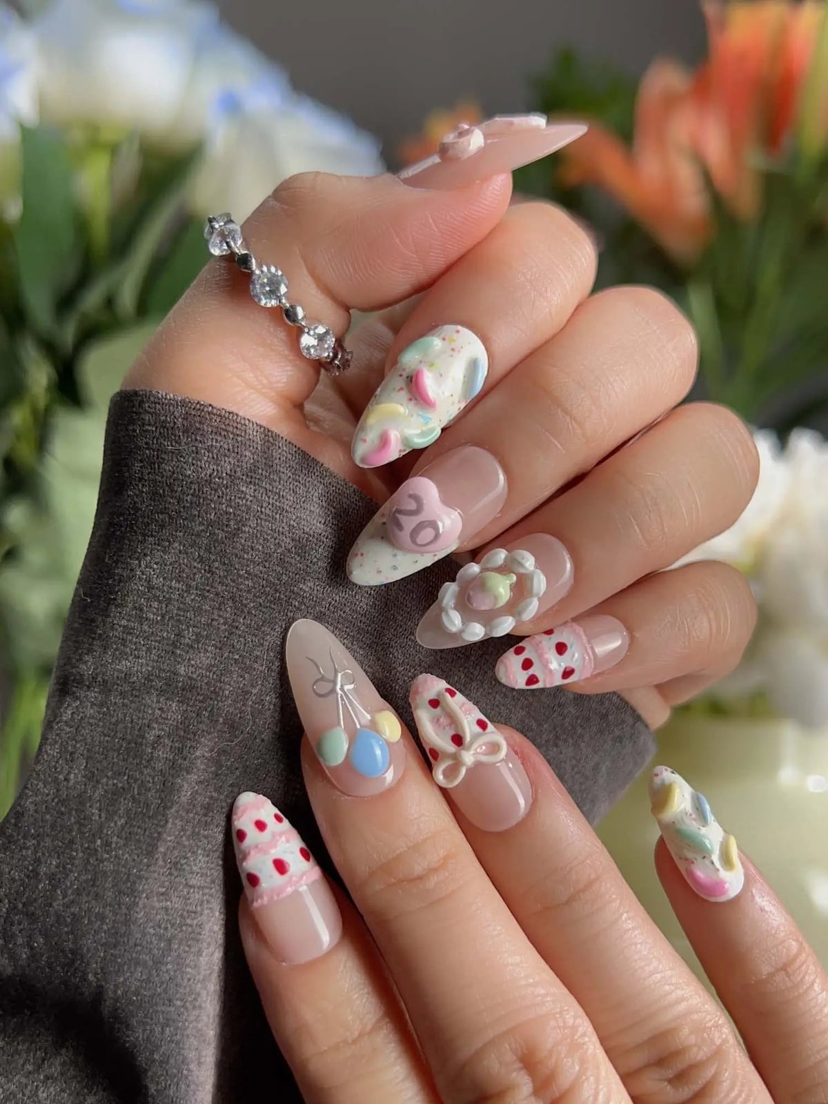 Sheer Nude 3D Birthday Charm Almond Nails Sheer Nude 3D Birthday Charm Almond Nails — Simple Birthday Nails Almond