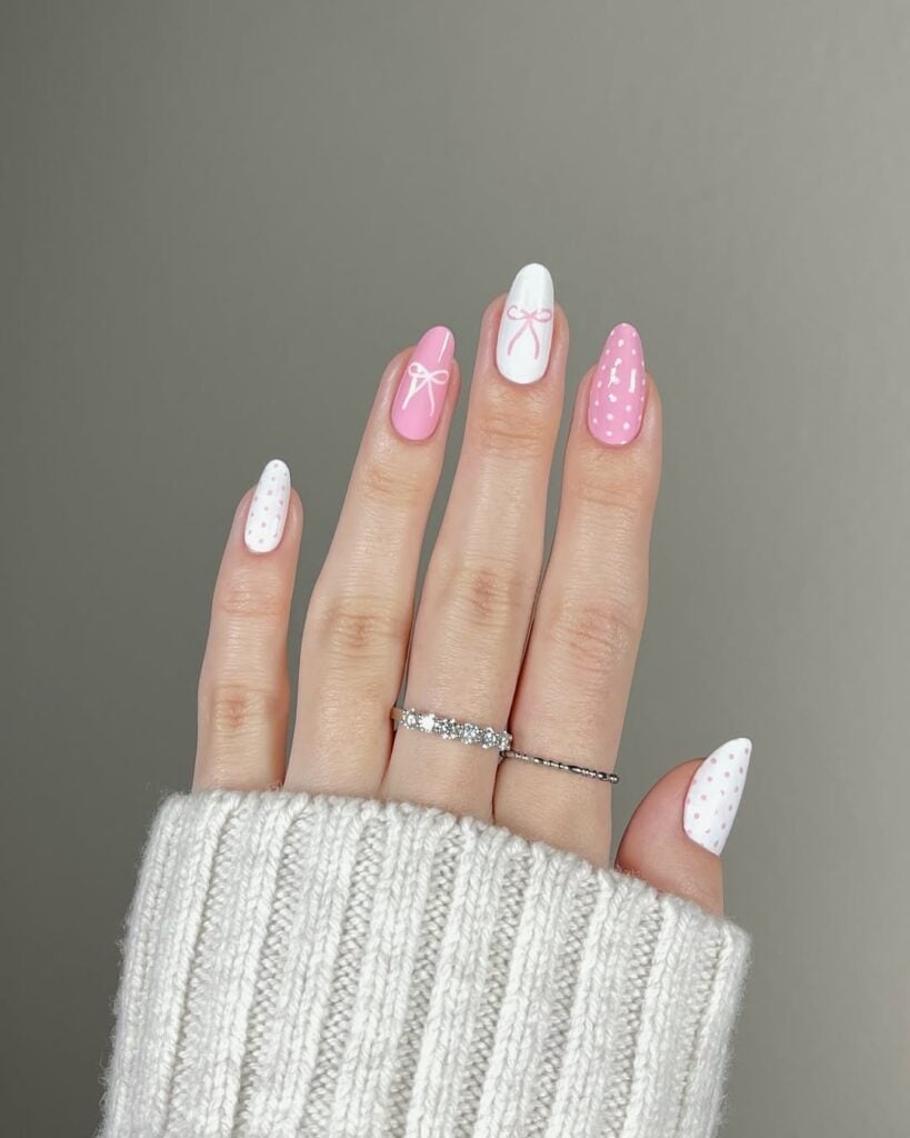 Pink and White Polka Dot Bow Almond Nails Pink and White Polka Dot Bow Almond Nails — Simple Birthday Nails Almond