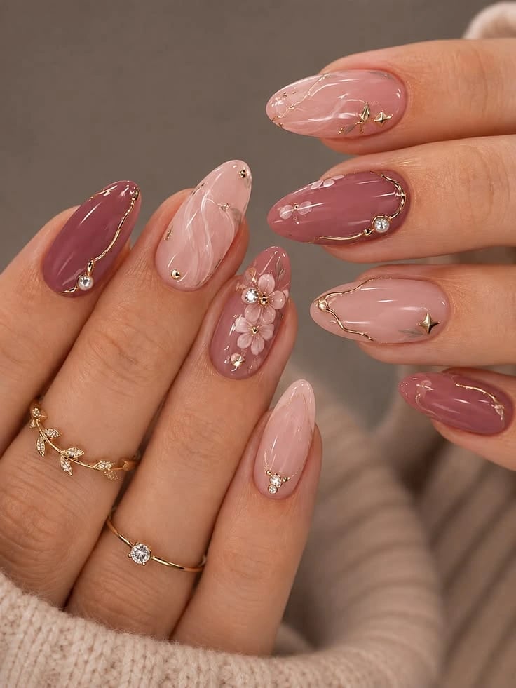 Dusty Rose and Gold 3D Floral Almond Nails Dusty Rose and Gold 3D Floral Almond Nails — Simple Birthday Nails Almond