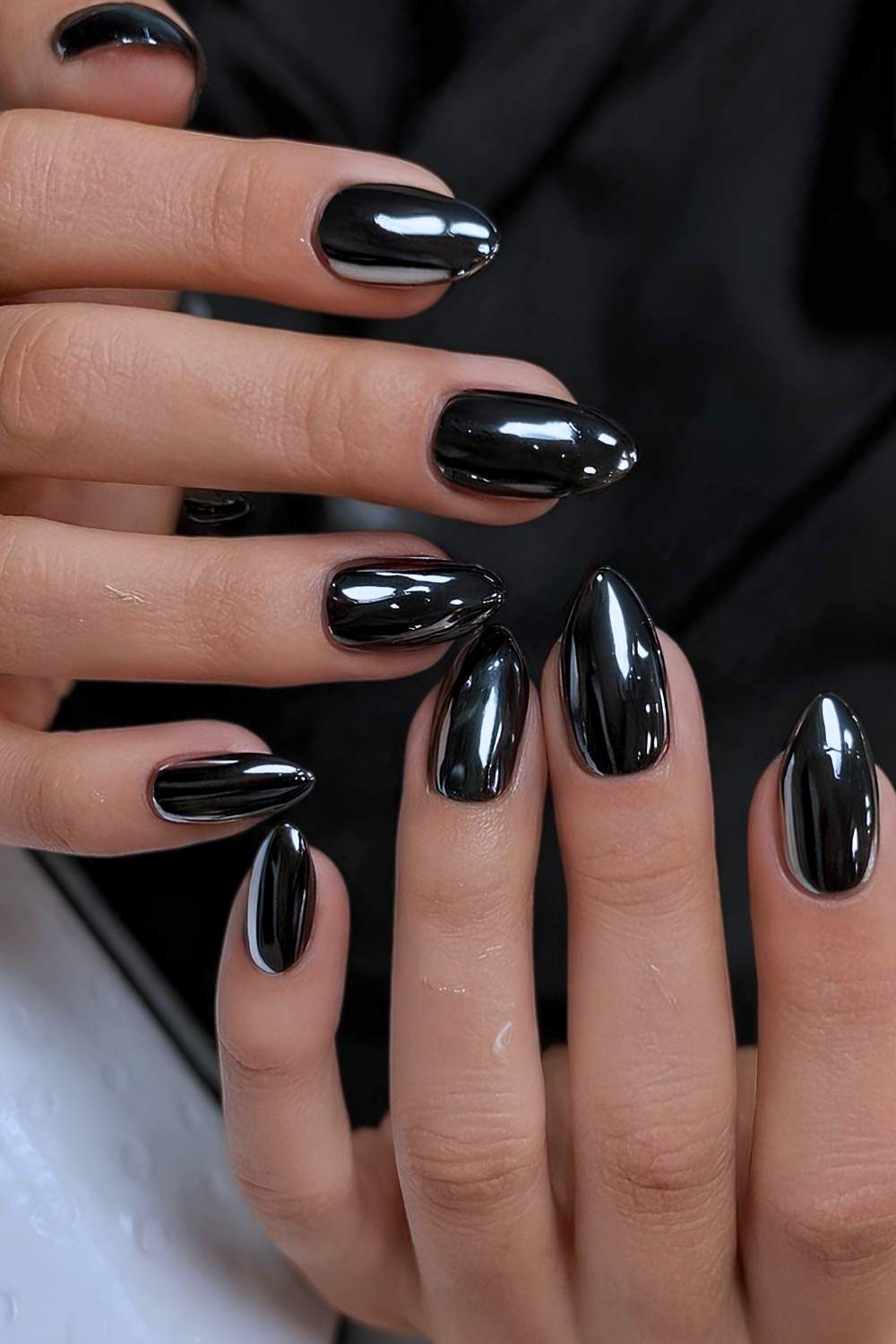 Short Oval Black Chrome Nails — Simple Black Chrome Nails
