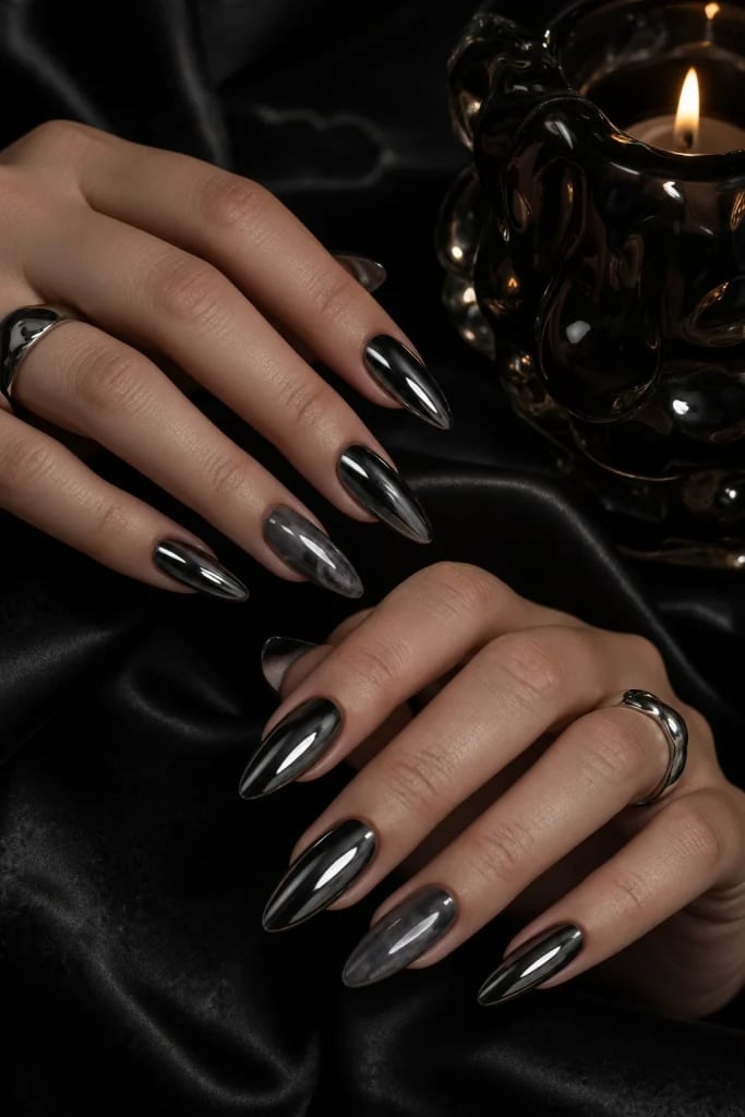 Medium Long Stiletto Black Chrome Nails — Simple Black Chrome Nails
