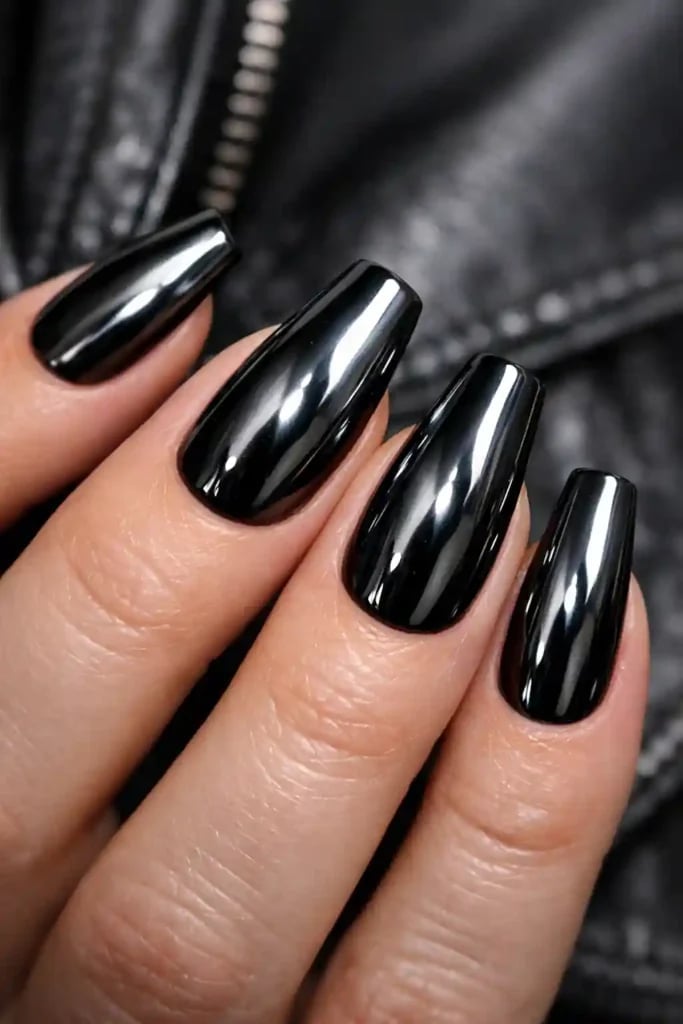 Coffin Black Chrome Nails — Simple Black Chrome Nails