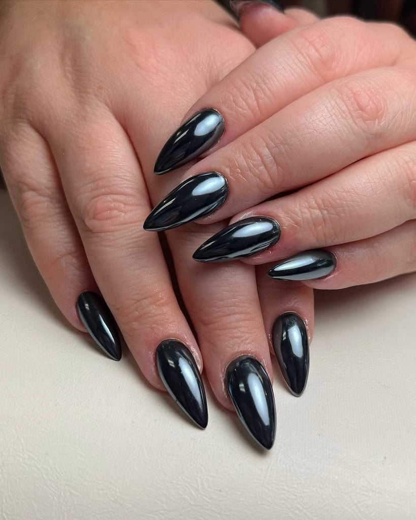 Long Stiletto Deep Black Chrome Nails — Simple Black Chrome Nails