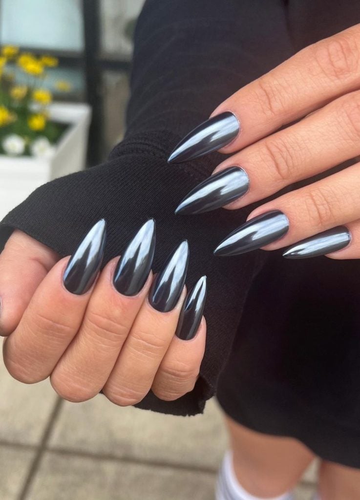 High Shine Black Chrome Long Stiletto Nails — Simple Black Chrome Nails
