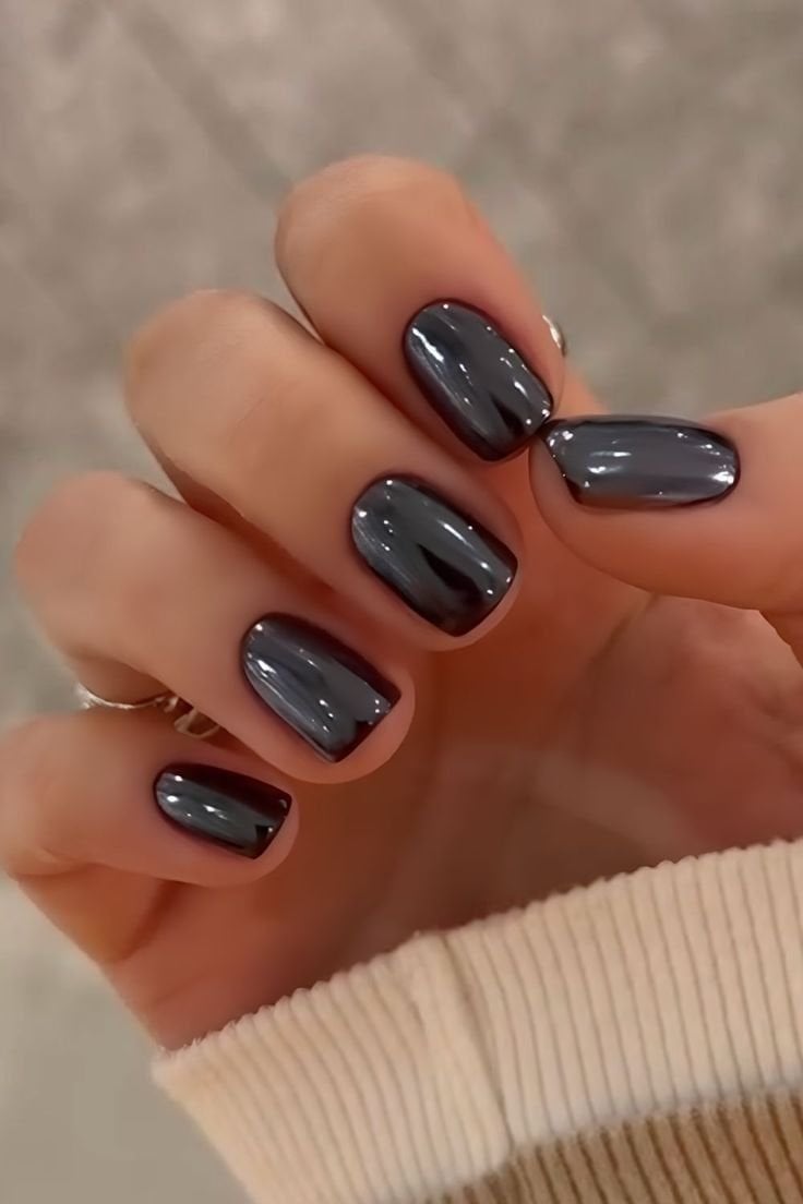 Short Square Black Chrome Nails — Simple Black Chrome Nails
