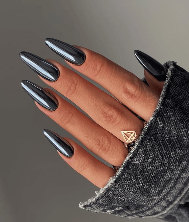 Medium Almond Black Chrome Nails — Simple Black Chrome Nails