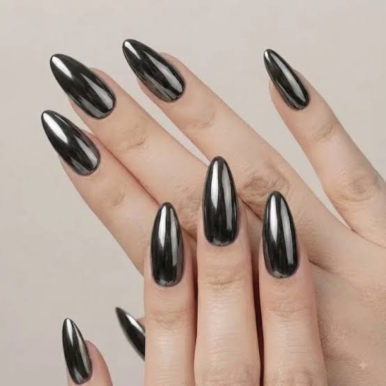 Reflective Black Chrome Medium Almond Nails — Simple Black Chrome Nails