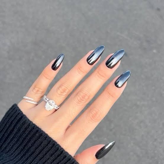 Solid Black Chrome Medium Almond Nails — Simple Black Chrome Nails