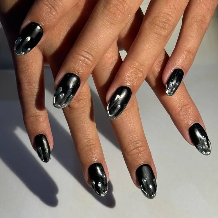 Black Chrome Medium Almond Nails With Full Coverage — Simple Black Chrome Nails
