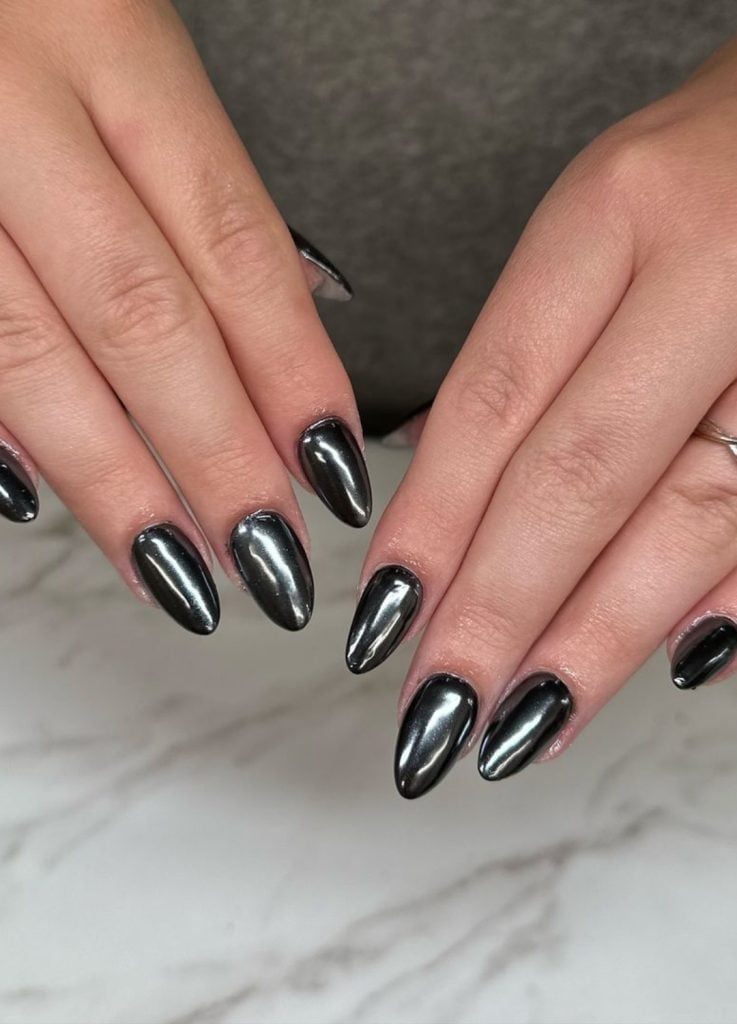 Uniform Chrome Almond Medium Length Nails — Simple Black Chrome Nails