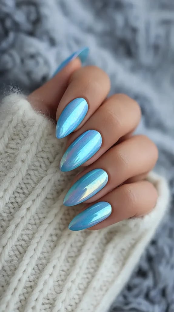 Bright Light Blue Chrome Medium Almond Nails Bright Light Blue Chrome Medium Almond Nails — Simple Blue Chrome Nails