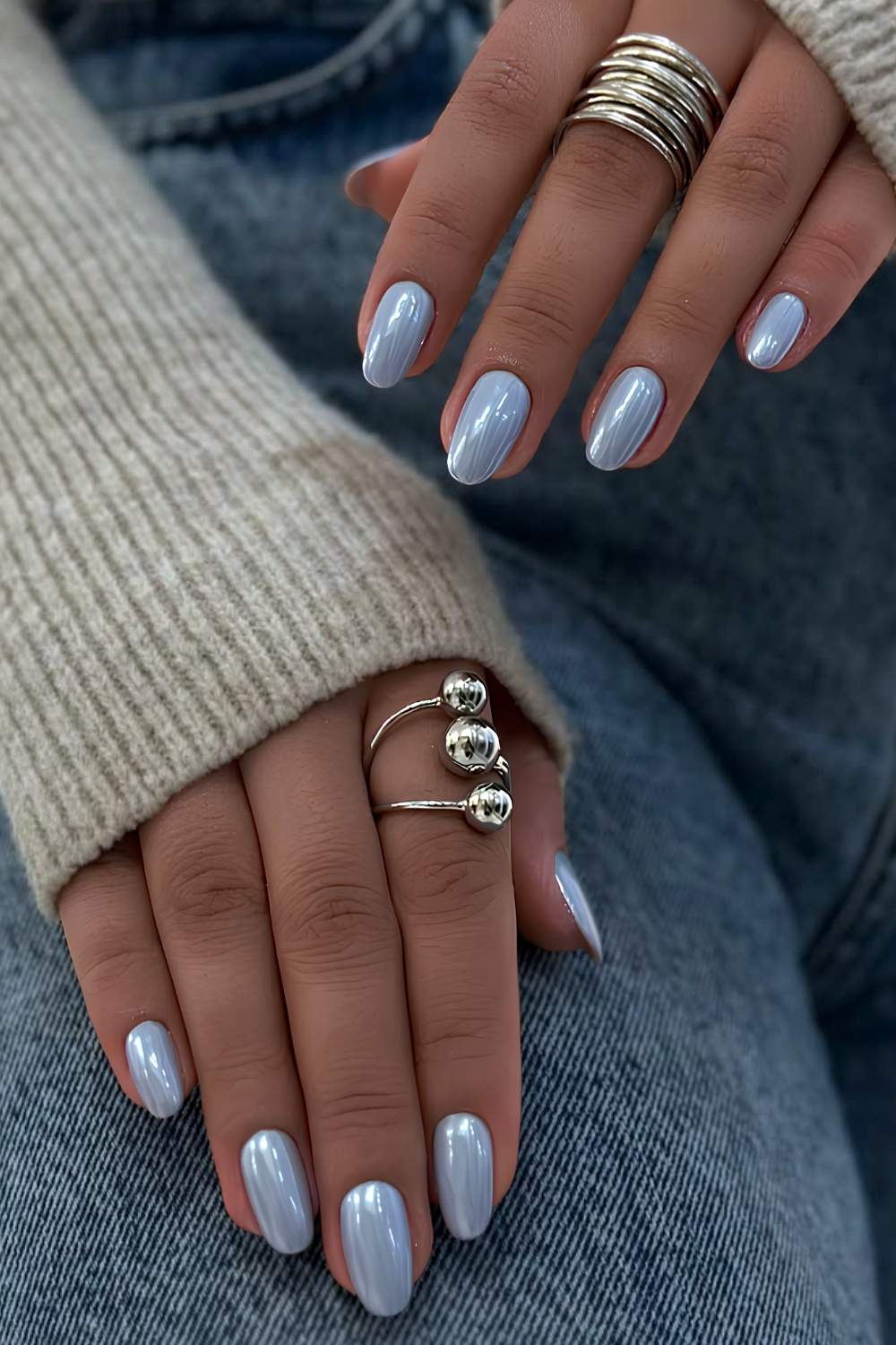 Light Blue Chrome Short Oval Both Hands Light Blue Chrome Short Oval Both Hands — Simple Blue Chrome Nails