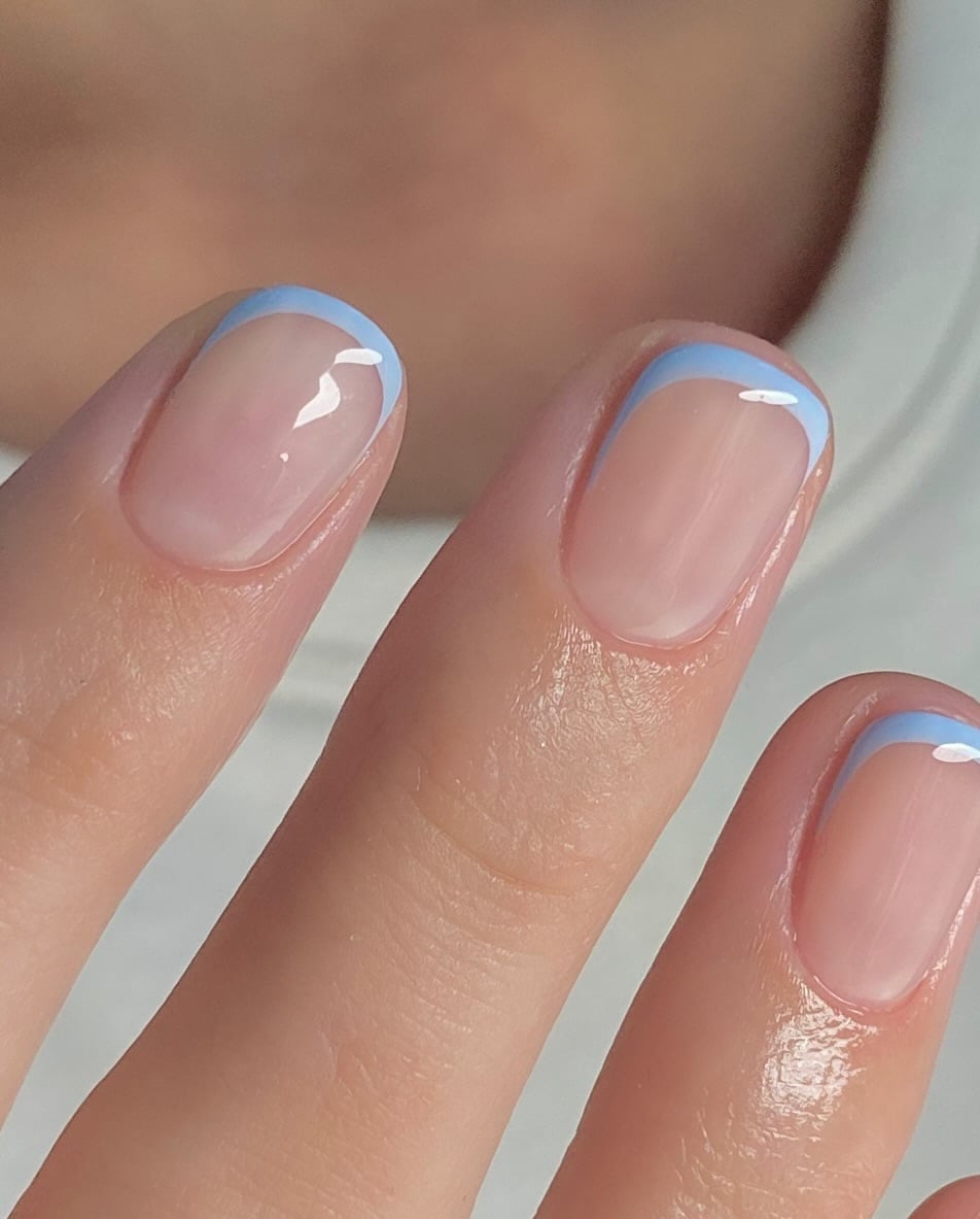 Sky Blue Thin French Tips Medium Almond Sky Blue Thin French Tips Medium Almond — Simple Blue French Tip Nails