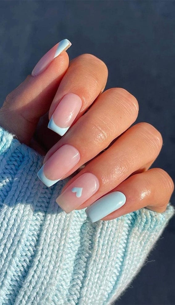 Light Blue French Tips Square with Heart Light Blue French Tips Square with Heart — Simple Blue French Tip Nails