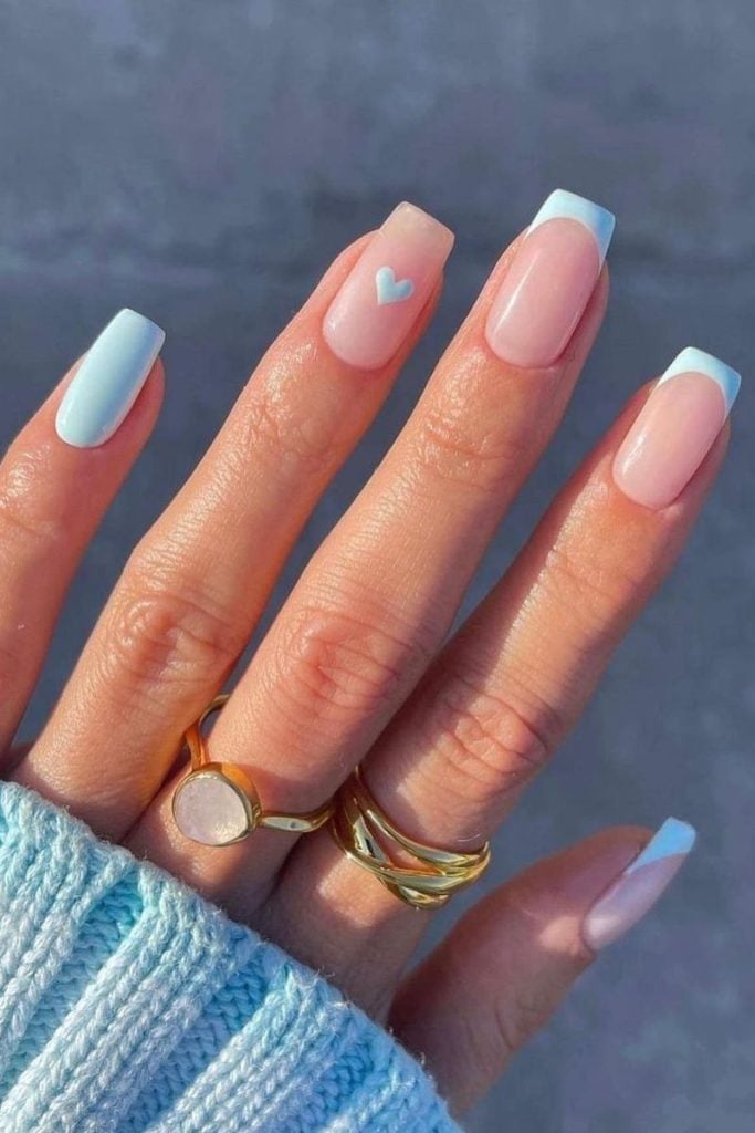 Soft Blue French Tips Square Almond with Heart Soft Blue French Tips Square Almond with Heart — Simple Blue French Tip Nails