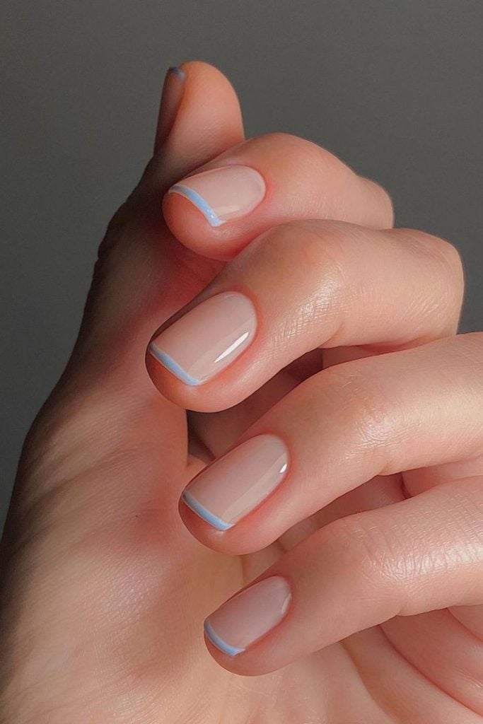Light Blue Thin Line French Tips Short Almond Light Blue Thin Line French Tips Short Almond — Simple Blue French Tip Nails