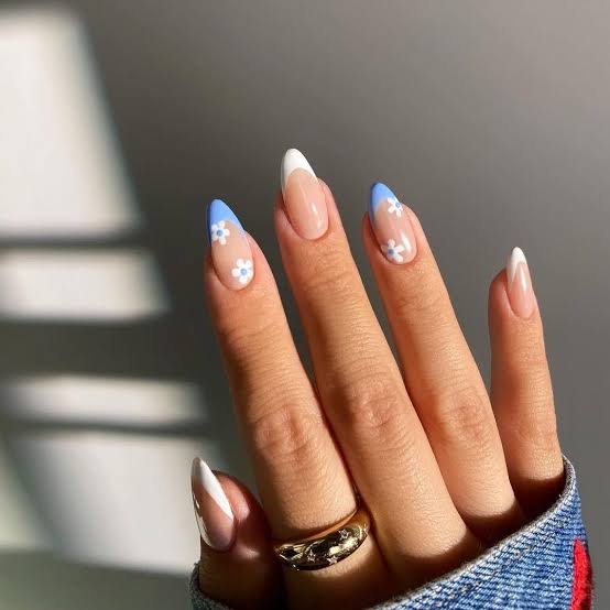 White Floral Accents Blue French Tips Medium Almond White Floral Accents Blue French Tips Medium Almond — Simple Blue French Tip Nails