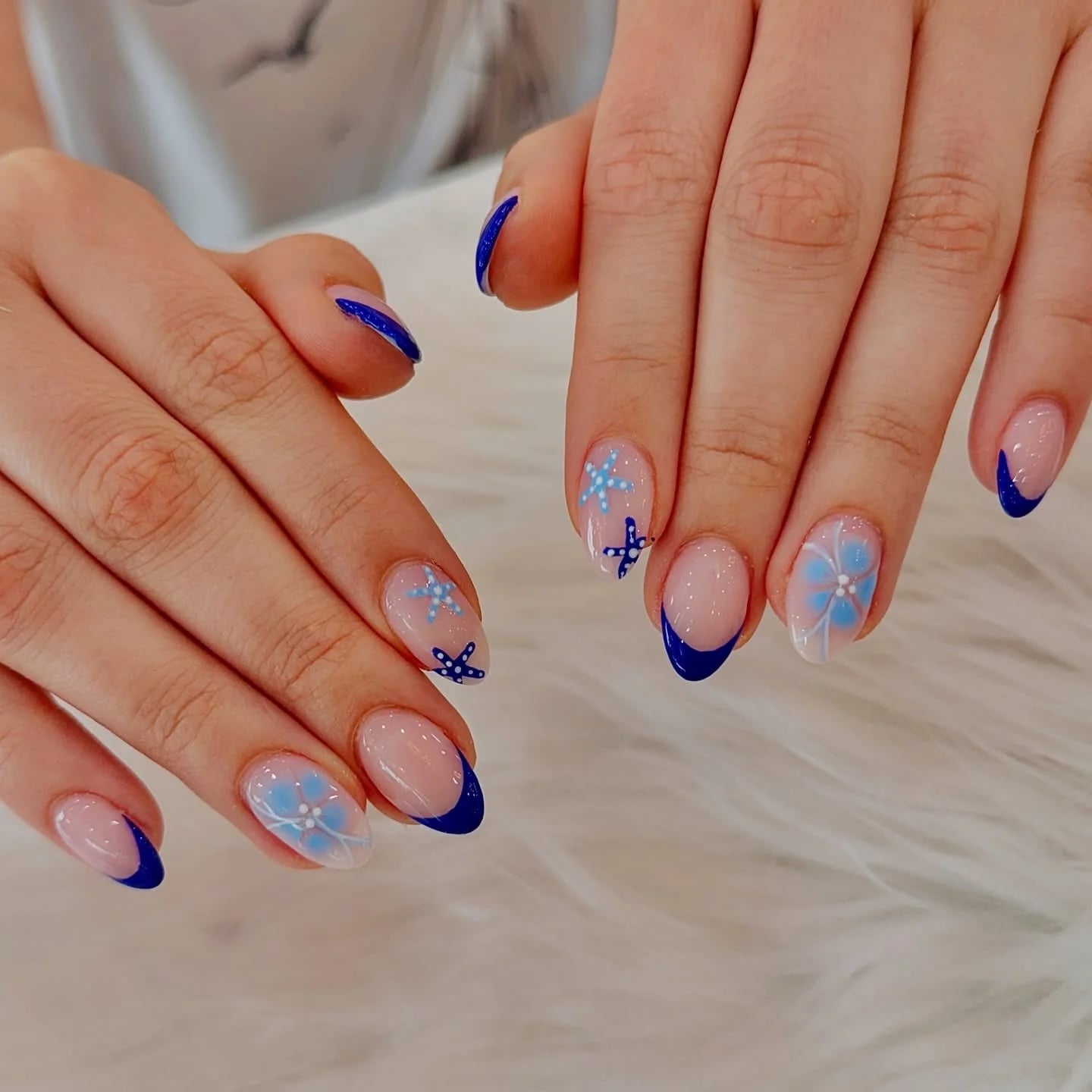 Shimmering Blue French Tips Short Square Silver Trim Shimmering Blue French Tips Short Square Silver Trim — Simple Blue French Tip Nails