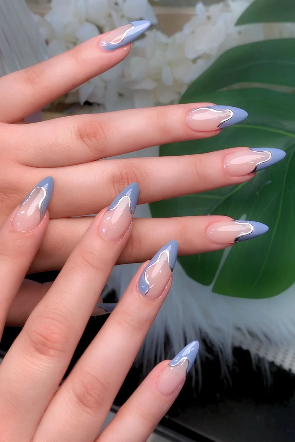 Wavy Blue and Silver French Tips Long Stiletto Wavy Blue and Silver French Tips Long Stiletto — Simple Blue French Tip Nails