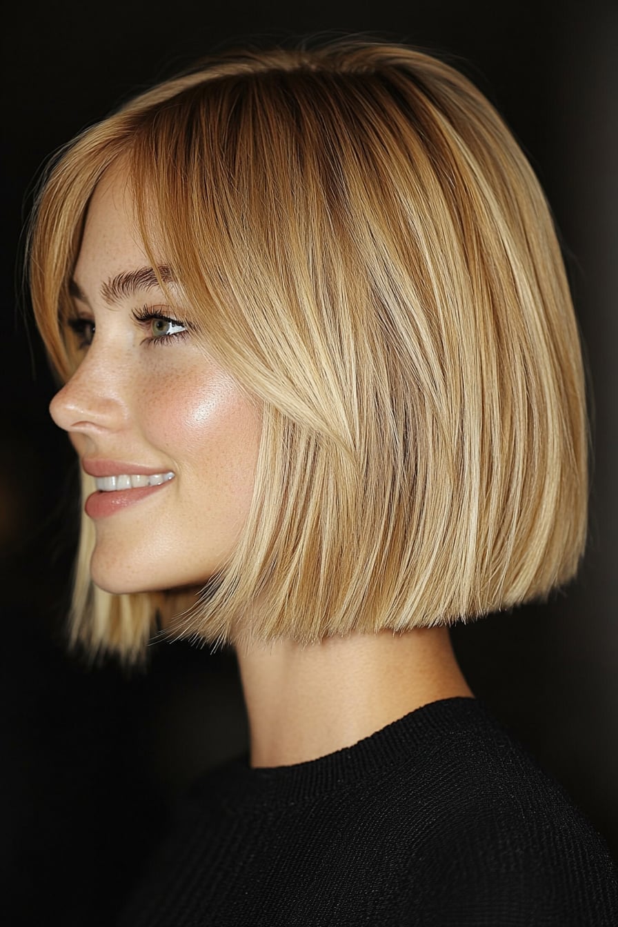 Blonde Chin Length Bob With Side Swept Bangs Blonde Chin Length Bob With Side Swept Bangs — Simple Blunt Bob