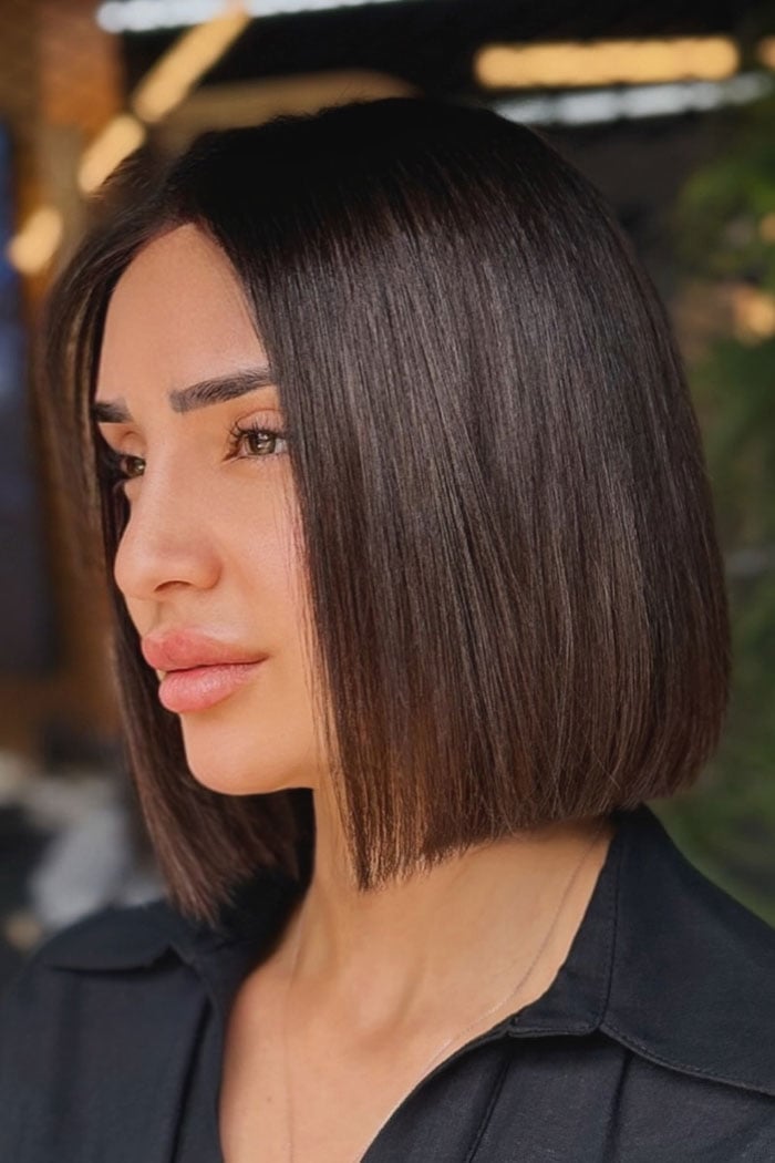 Thick Dark Brown Bob Polished Finish Thick Dark Brown Bob Polished Finish — Simple Blunt Bob