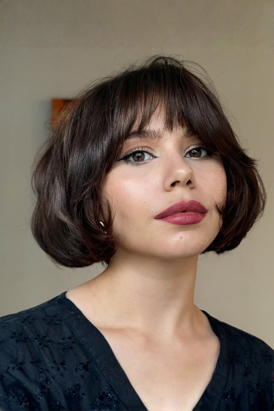 Dark Brown Bob With Curtain Bangs Dark Brown Bob With Curtain Bangs — Simple Blunt Bob