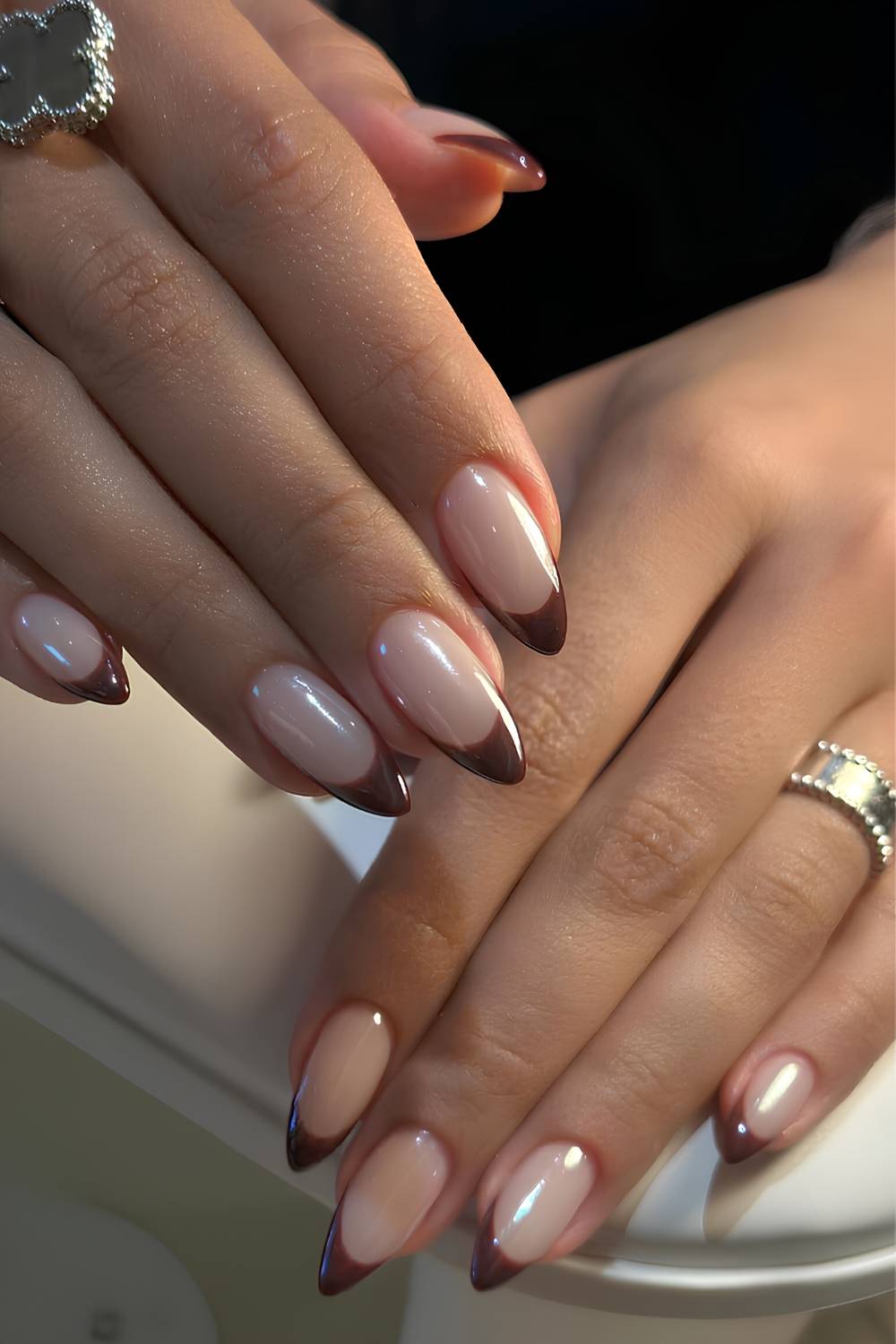Medium Almond Sheer Nude With Dark Brown French Tips — Simple Brown French Tip Nails