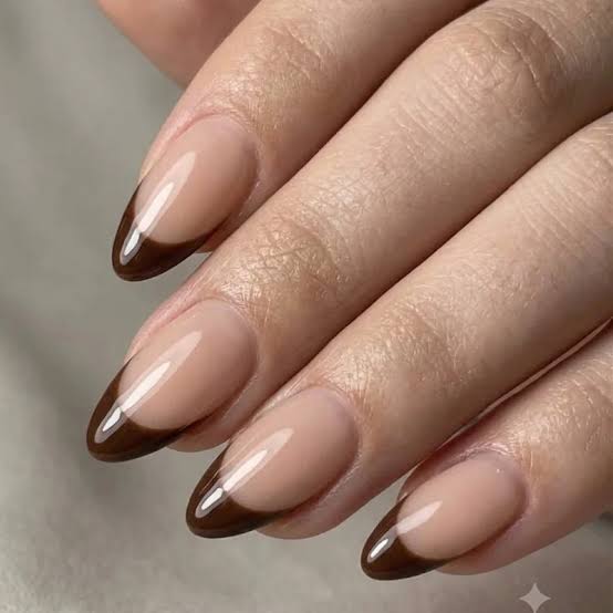Medium Almond Sheer Nude Dark Brown French Tips, Office-Safe Version — Simple Brown French Tip Nails