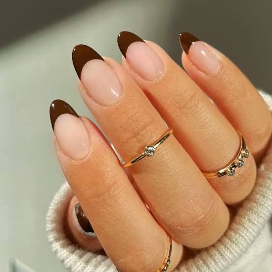 Medium Almond Nude Base Deep Brown French Tips — Simple Brown French Tip Nails