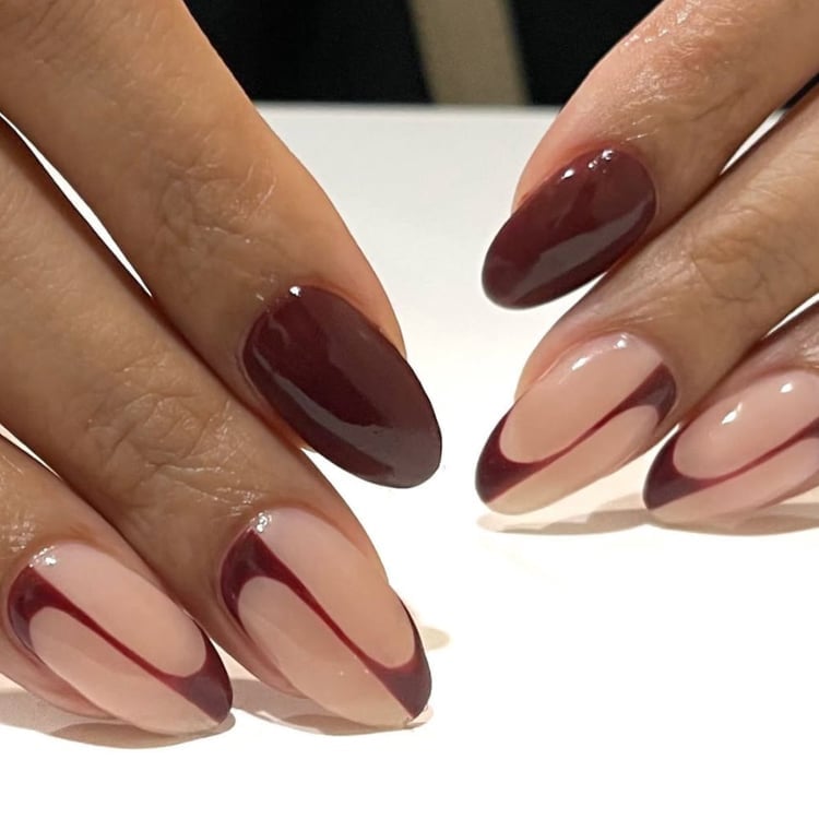 Medium Almond Nude Base Chocolate Brown French Tips, Everyday Version — Simple Brown French Tip Nails